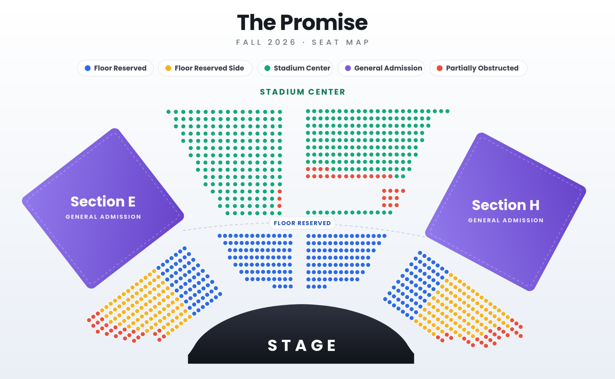 Seat map of the Willow Park Baptist Church auditorium showing the Floor Reserved, Stadium Center, Floor Reserved Side, General Admission (Sections E and H) and Partially Obstructed sections around the stage.